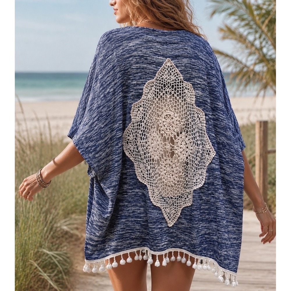 BD Collection Kimono Crochet Back Tassel Blue Large Boho Beach Cover Up - Picture 2 of 7